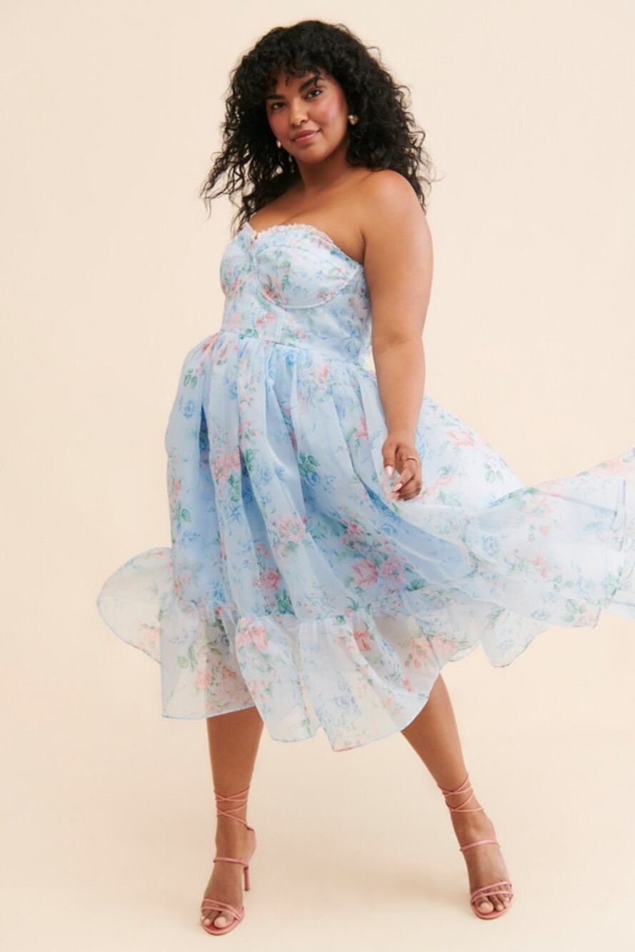 Selkie x Free People Powder Blue Floral French Corset Midi Dress Size 2X